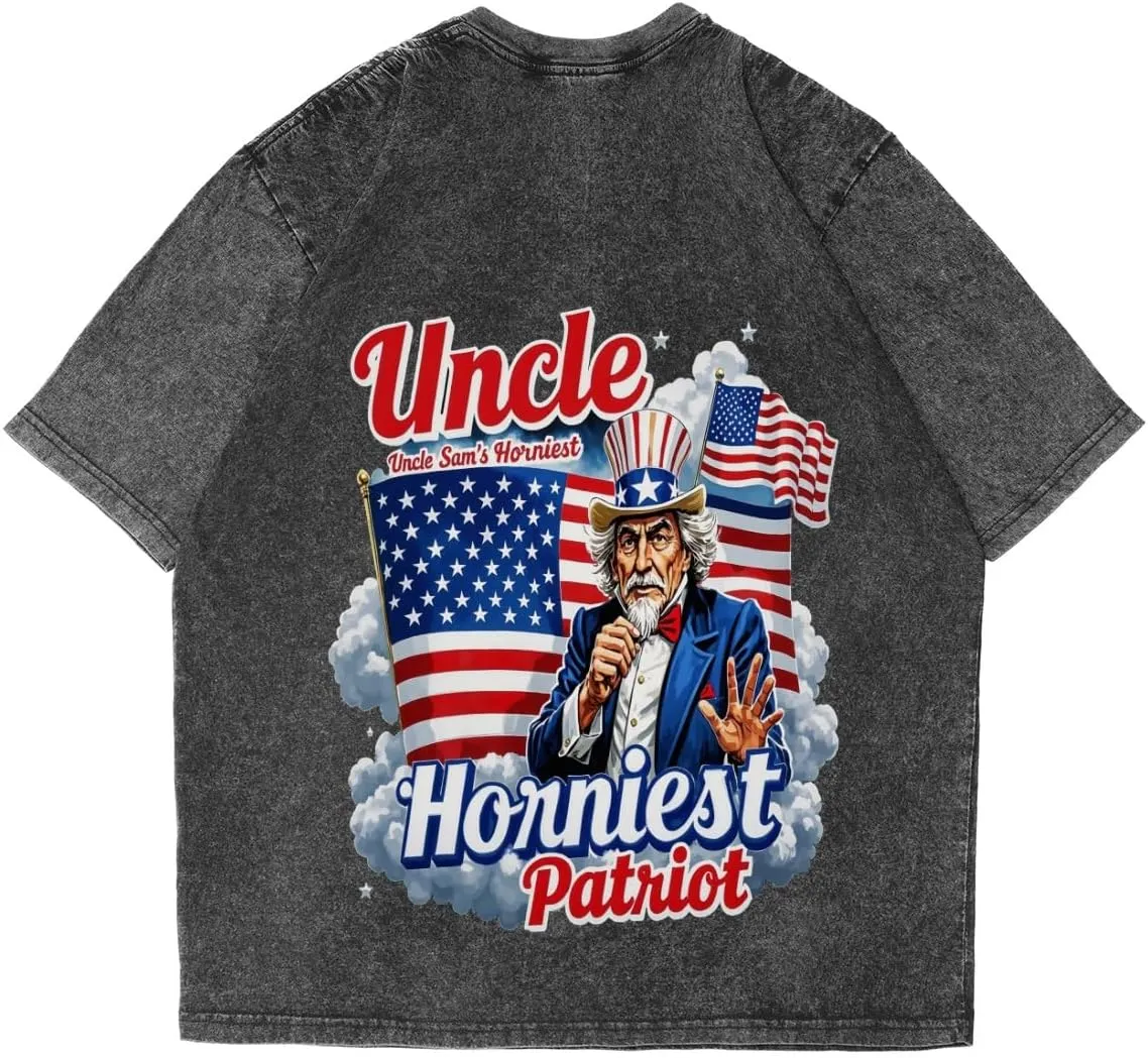 Uncle Sam's HORNIEST Patriot Classic Two Sides Retro Short Sleeve Shirt Men's Round Neck Sports T-Shirt