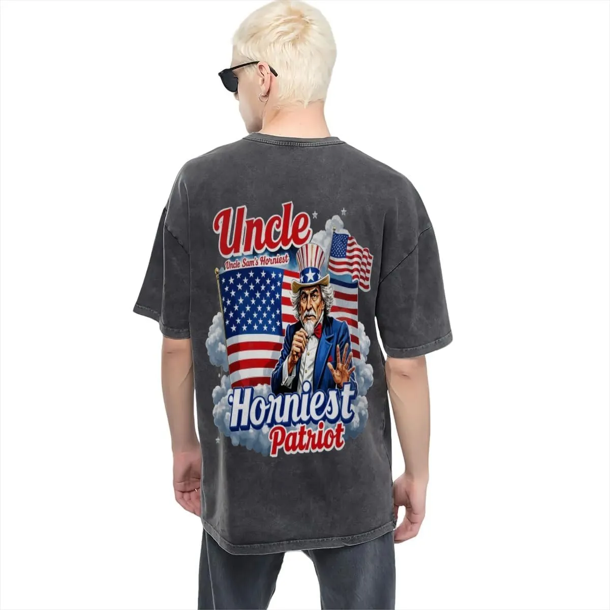 Uncle Sam's HORNIEST Patriot Classic Two Sides Retro Short Sleeve Shirt Men's Round Neck Sports T-Shirt