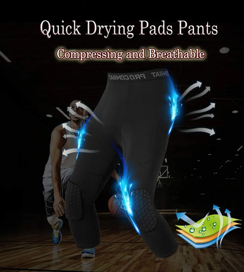 Unlimit Basketball Pants with Knee Pads, Black Knee Pads Compression Pants, 3/4 Capri Leggings