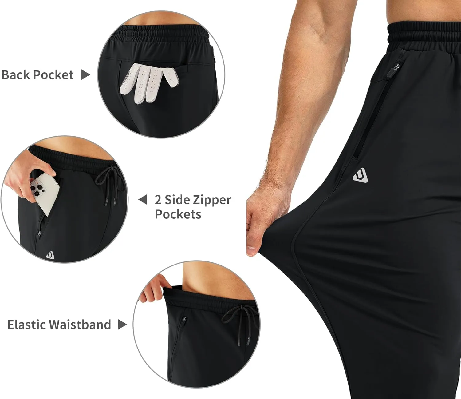 URBEST Men's Stretch Golf Pants with Zipper Pockets Slim Fit Athletic Sweatpants for Men Workout Travel Running