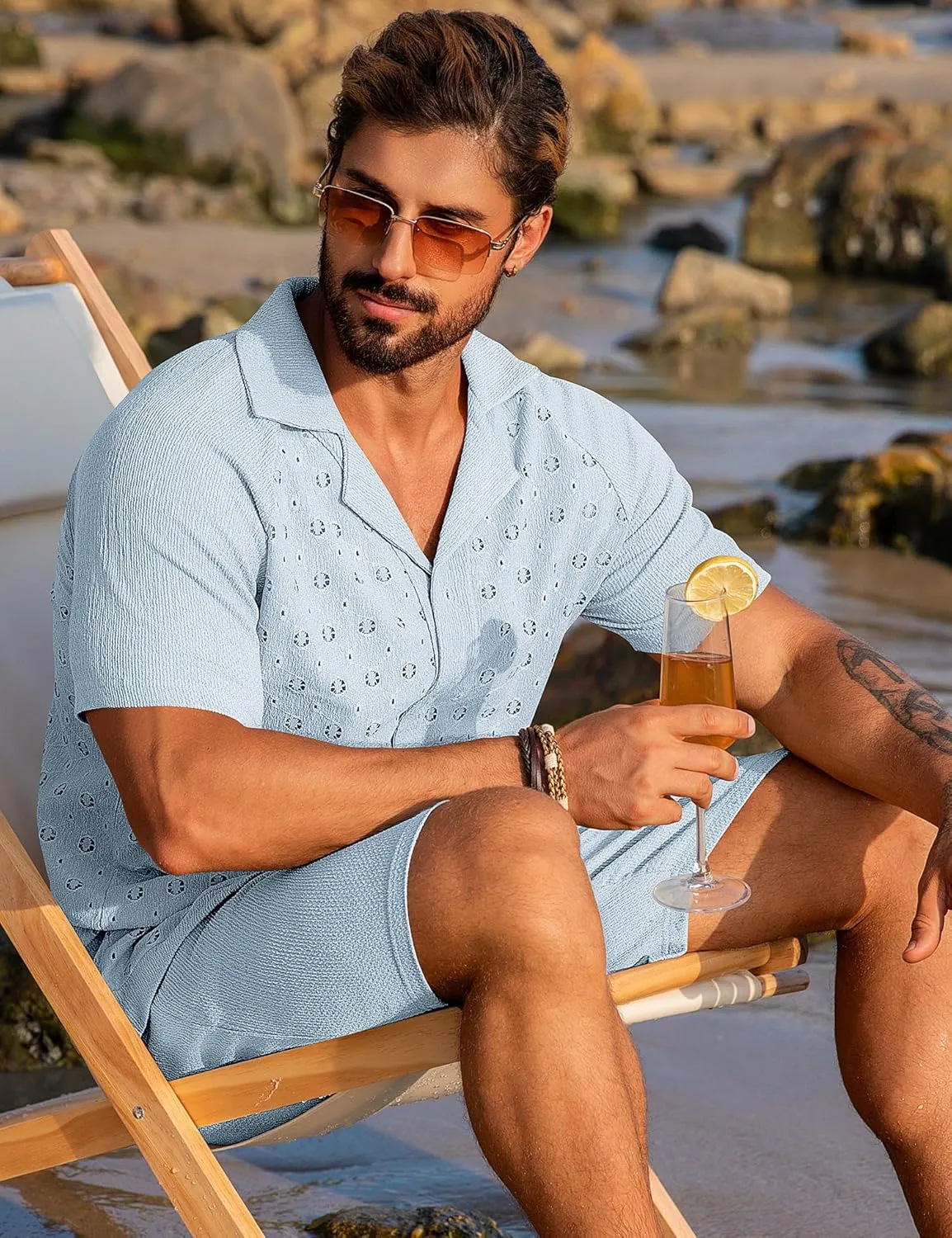 URRU Men's 2 Pieces Outfits Summer Beach Set Short Sleeve Button Down Flower Lace Shirt and Short Sets
