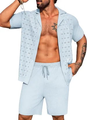 URRU Men's 2 Pieces Outfits Summer Beach Set Short Sleeve Button Down Flower Lace Shirt and Short Sets