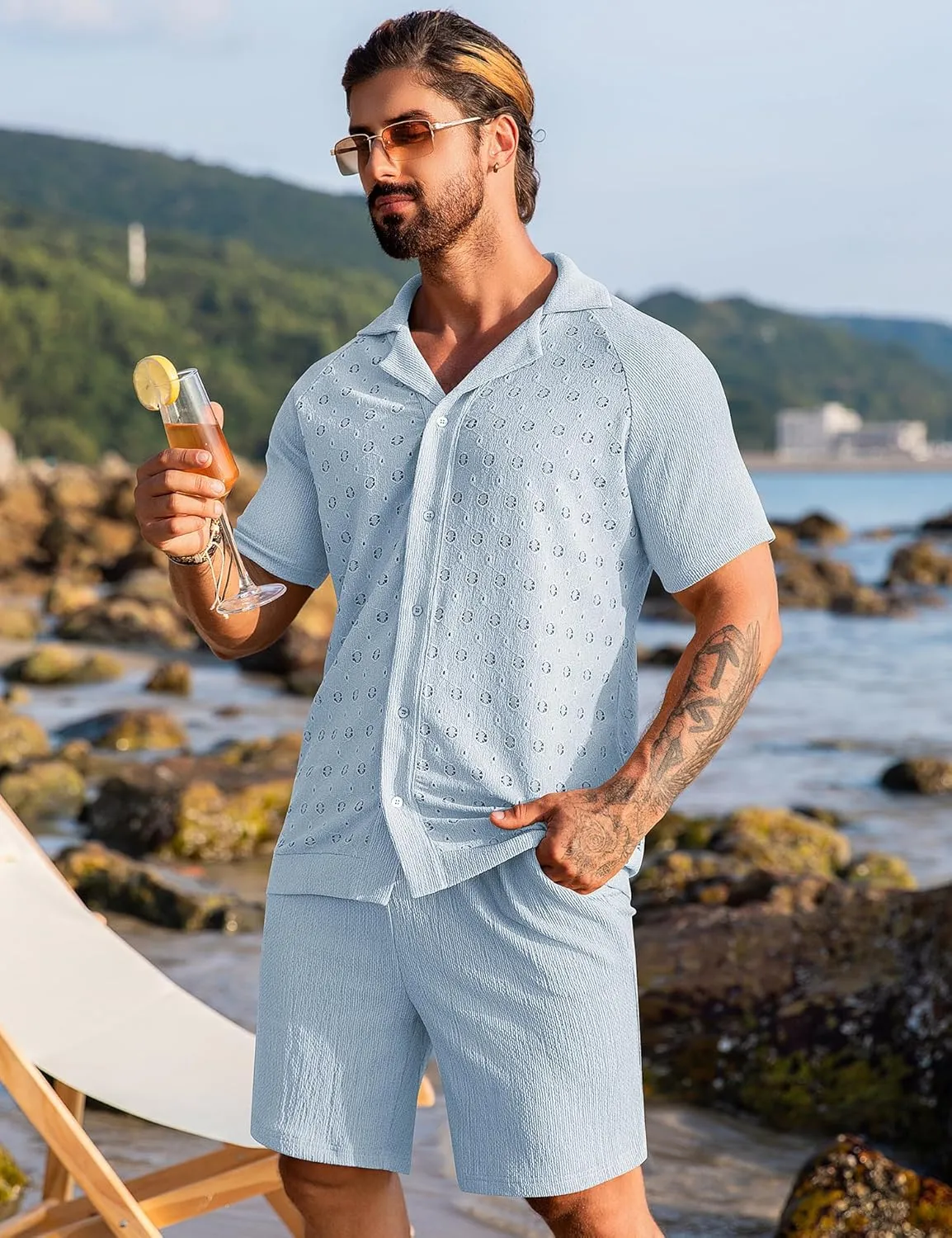 URRU Men's 2 Pieces Outfits Summer Beach Set Short Sleeve Button Down Flower Lace Shirt and Short Sets