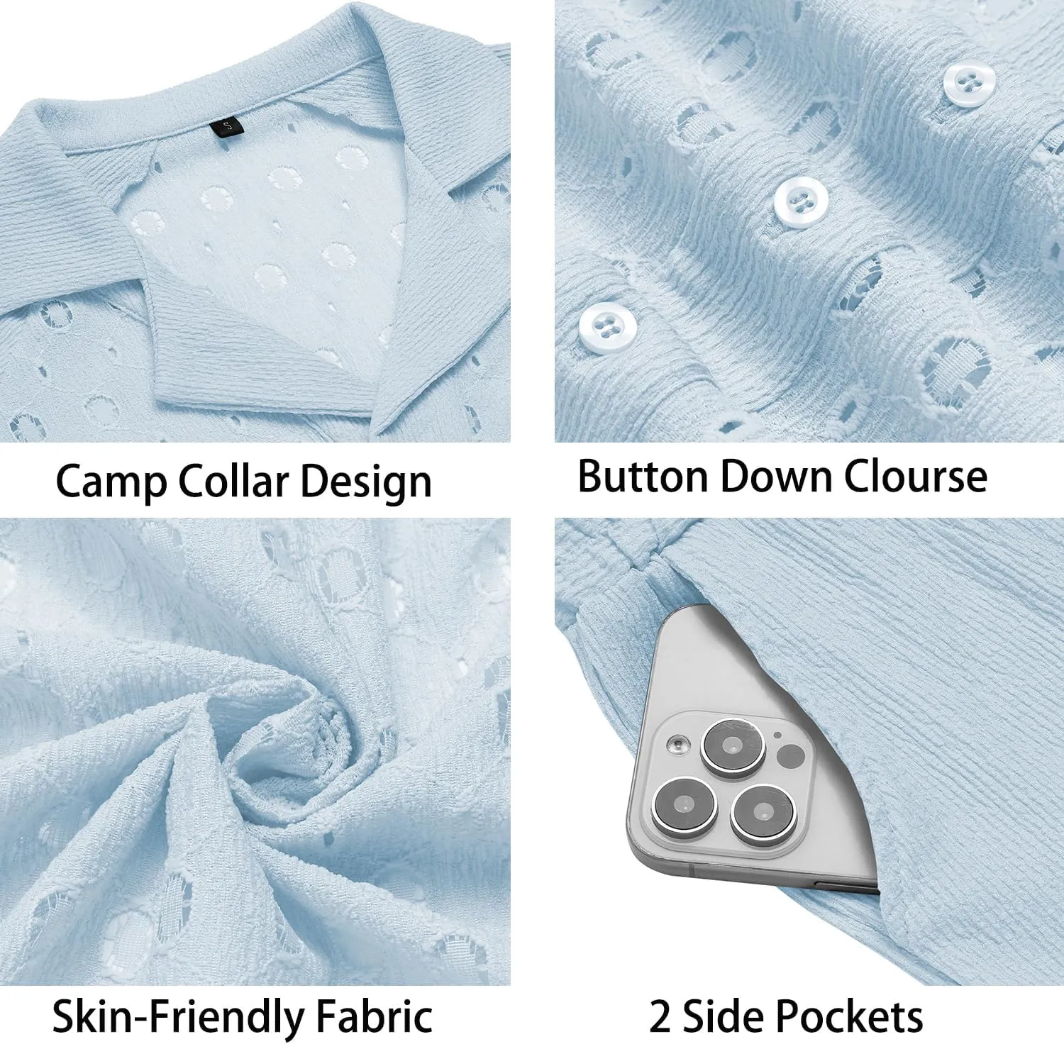 URRU Men's 2 Pieces Outfits Summer Beach Set Short Sleeve Button Down Flower Lace Shirt and Short Sets