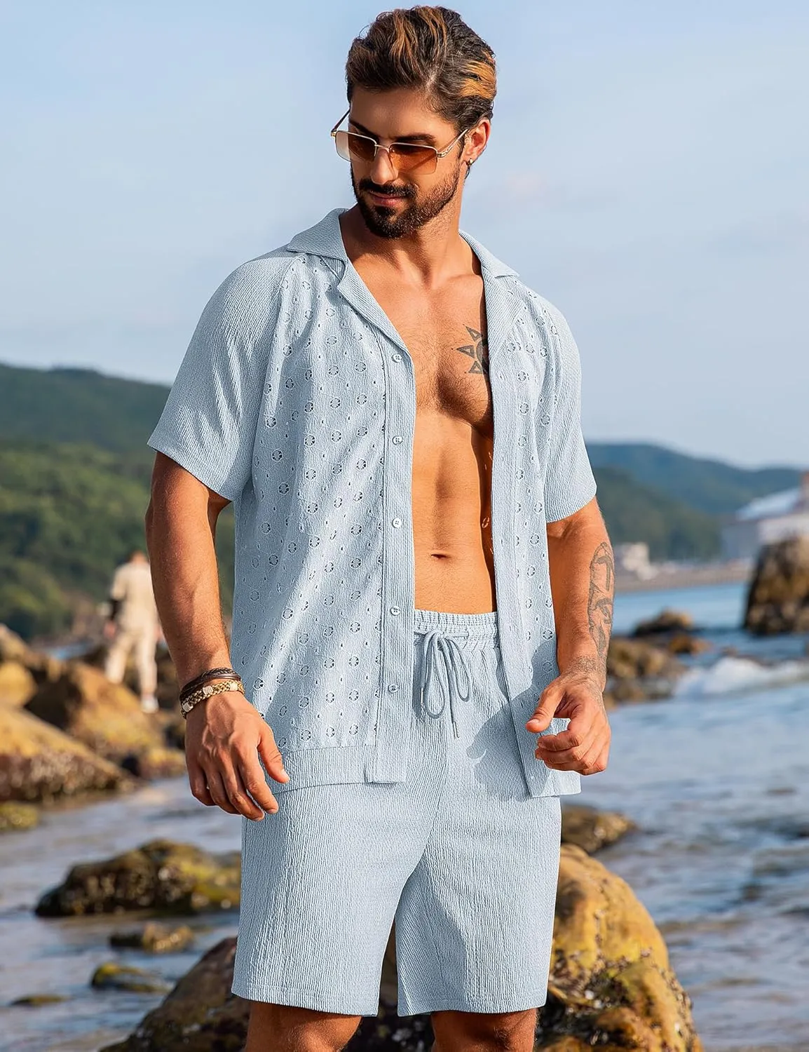 URRU Men's 2 Pieces Outfits Summer Beach Set Short Sleeve Button Down Flower Lace Shirt and Short Sets