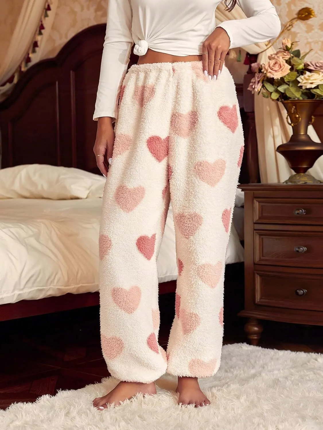 Verdusa Women's Buffalo Plaid Print Fuzzy Pajama Pants Loungewear Sleep Pants