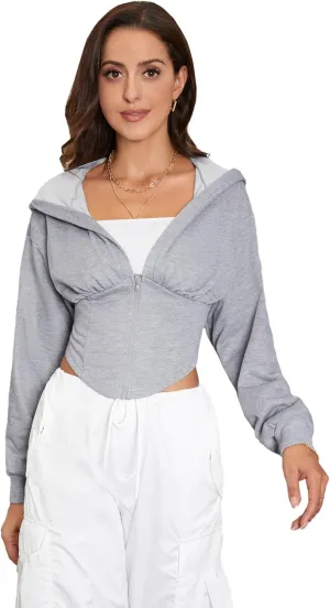 Verdusa Women's Zip Up Long Sleeve Asymmetrical Crop Hoodie Sweatshirt Lightweight Jacket