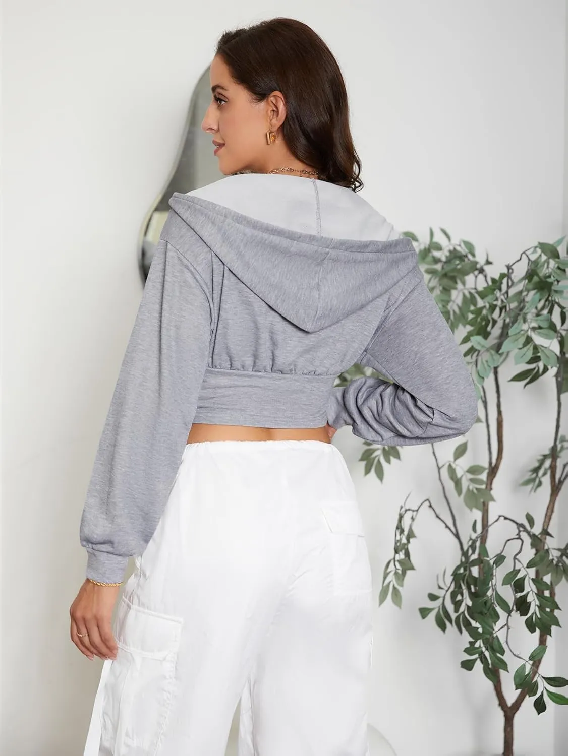Verdusa Women's Zip Up Long Sleeve Asymmetrical Crop Hoodie Sweatshirt Lightweight Jacket