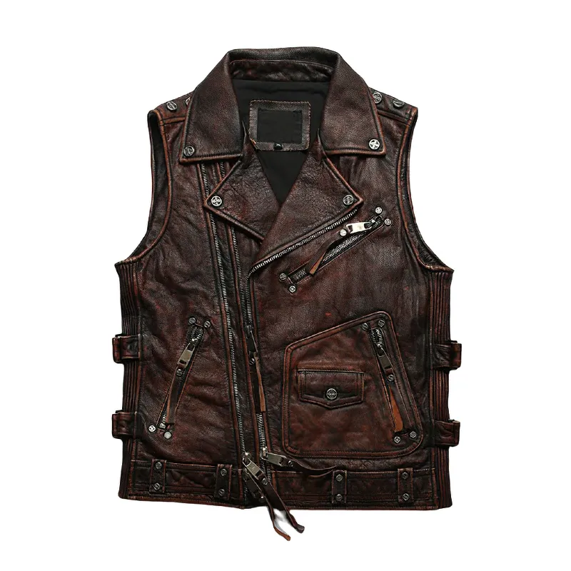 Vintage Heavy Genuine Leather Motorcycle Biker Vest for Men / Rock Style Sleeveless Waistcoats