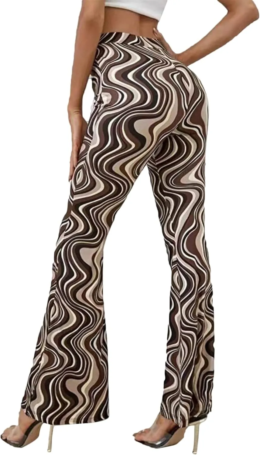 Vrtige Women's Print High Waist Wide Leg Bell Bottom Yoga Flare Pants Trousers
