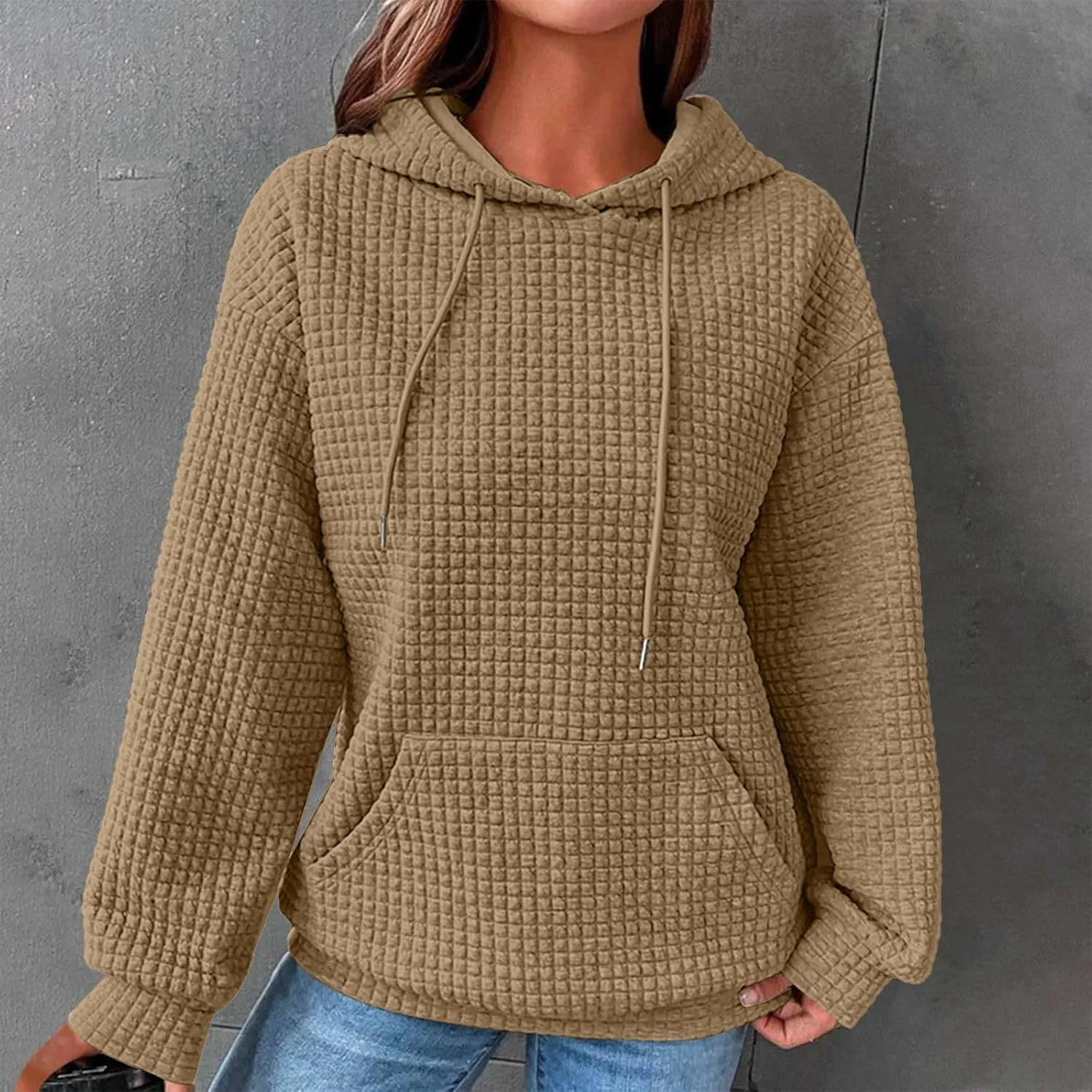 Waffle Knit Oversized Hoodies for Women with Pocket - Fall Sweatshirt 2024