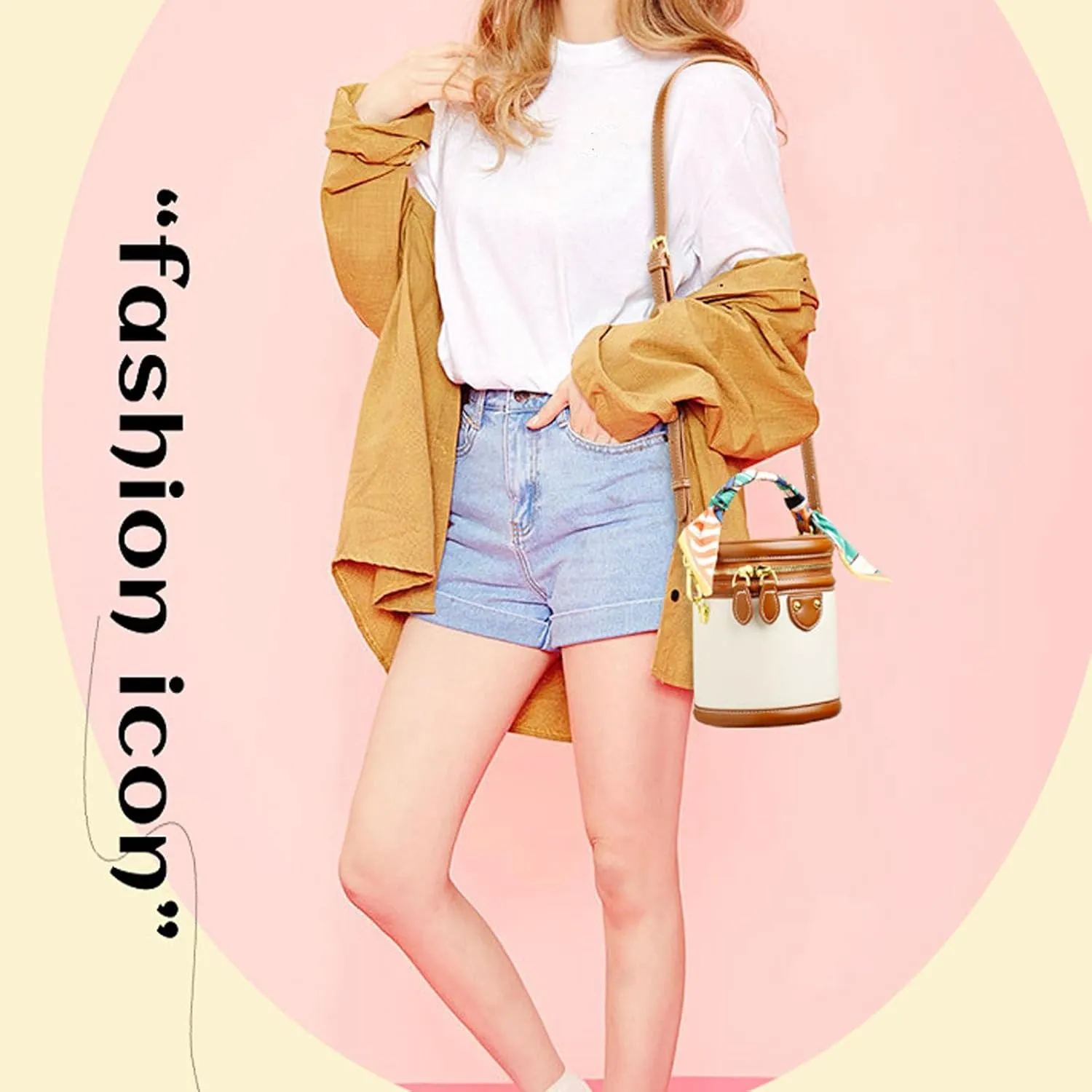 Waterproof PU Color-Block Crossbody Bag,Anti-Theft Cylinder Bucket Purse for Women,Leather Bucket Handbag
