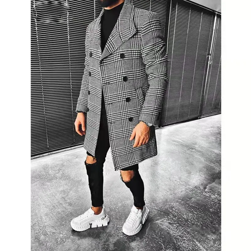 West Louis Warm Outwear Long Button Plaid Trench Coat