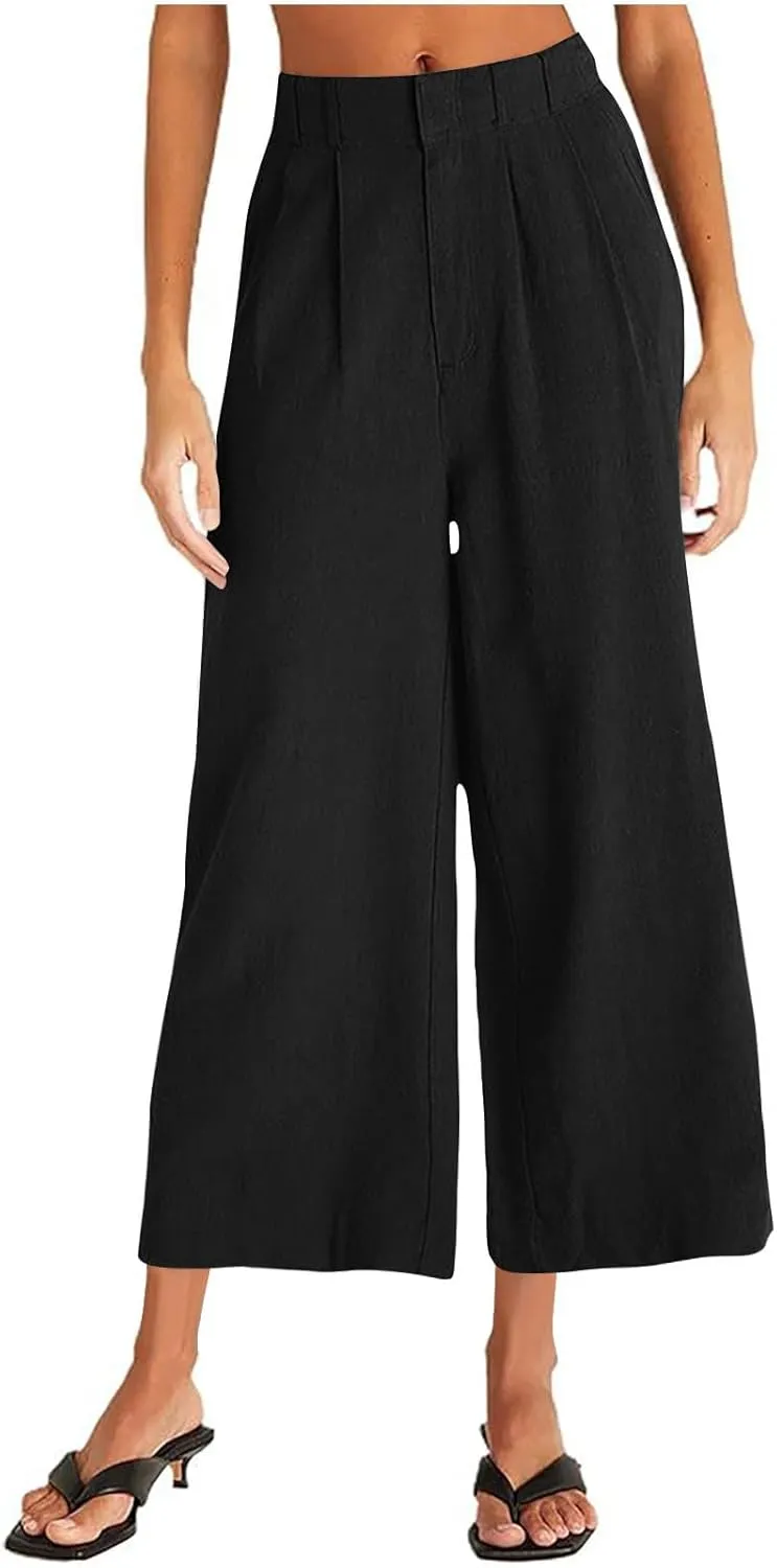 Wide Leg Pants Woman Summer Linen High Waisted Flowy Pleated Capri Pants 2025 Fashion Dressy Casual Cropped Trousers