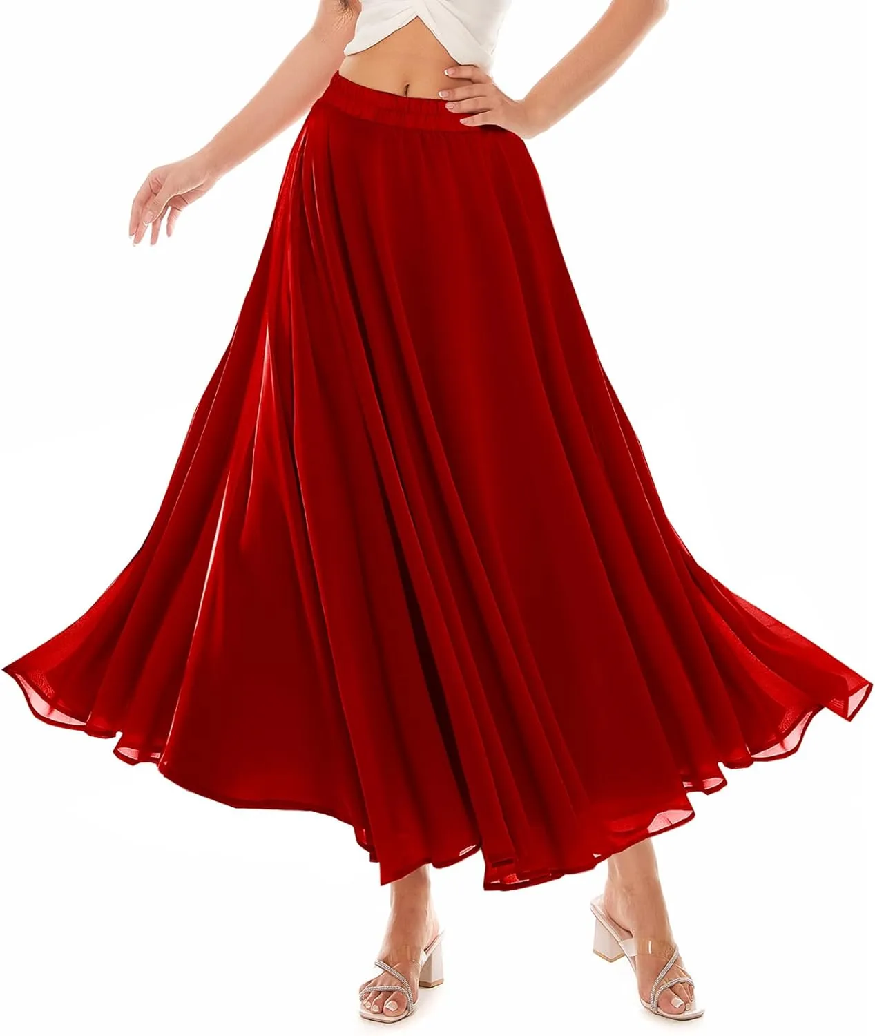 Women Full Ankle Length Elastic Pleated Retro Maxi Chiffon Long Skirt