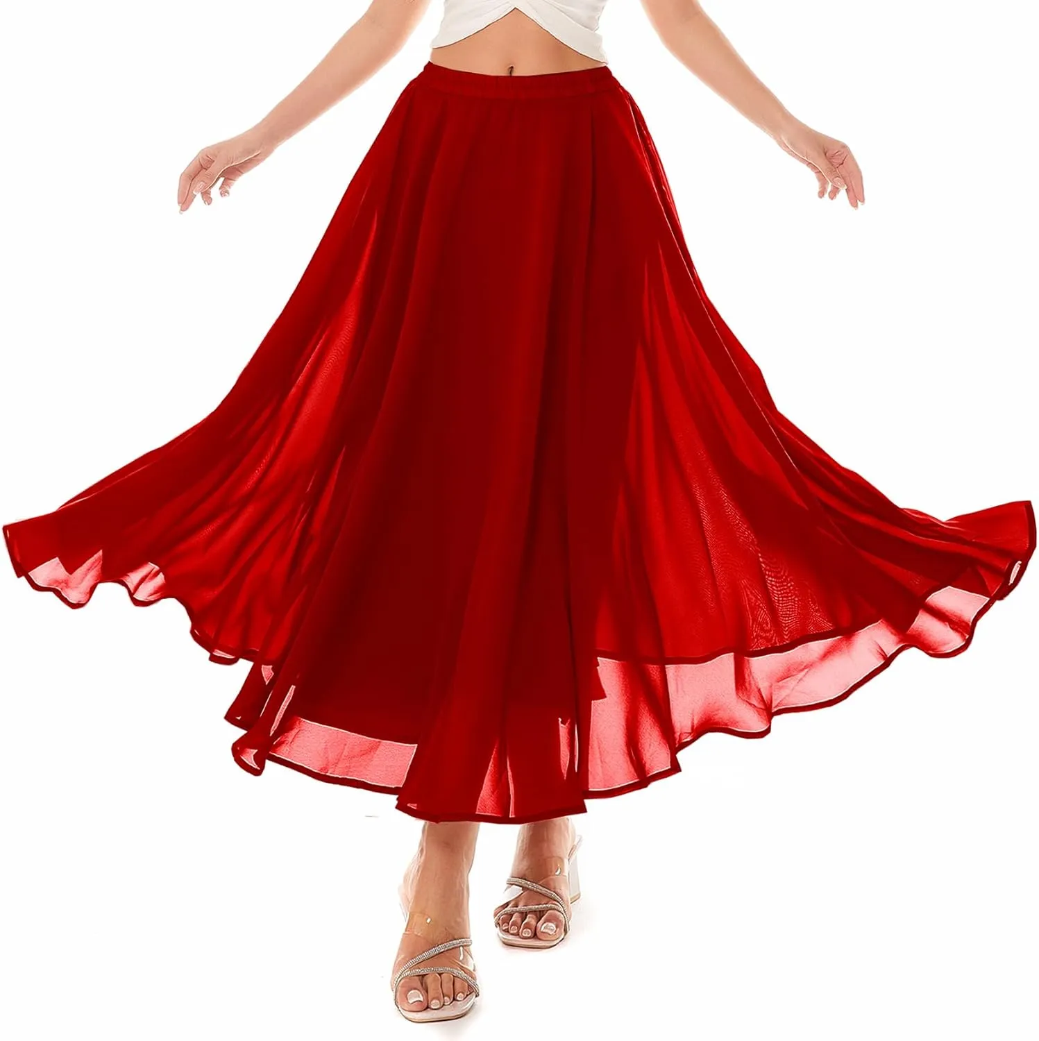 Women Full Ankle Length Elastic Pleated Retro Maxi Chiffon Long Skirt