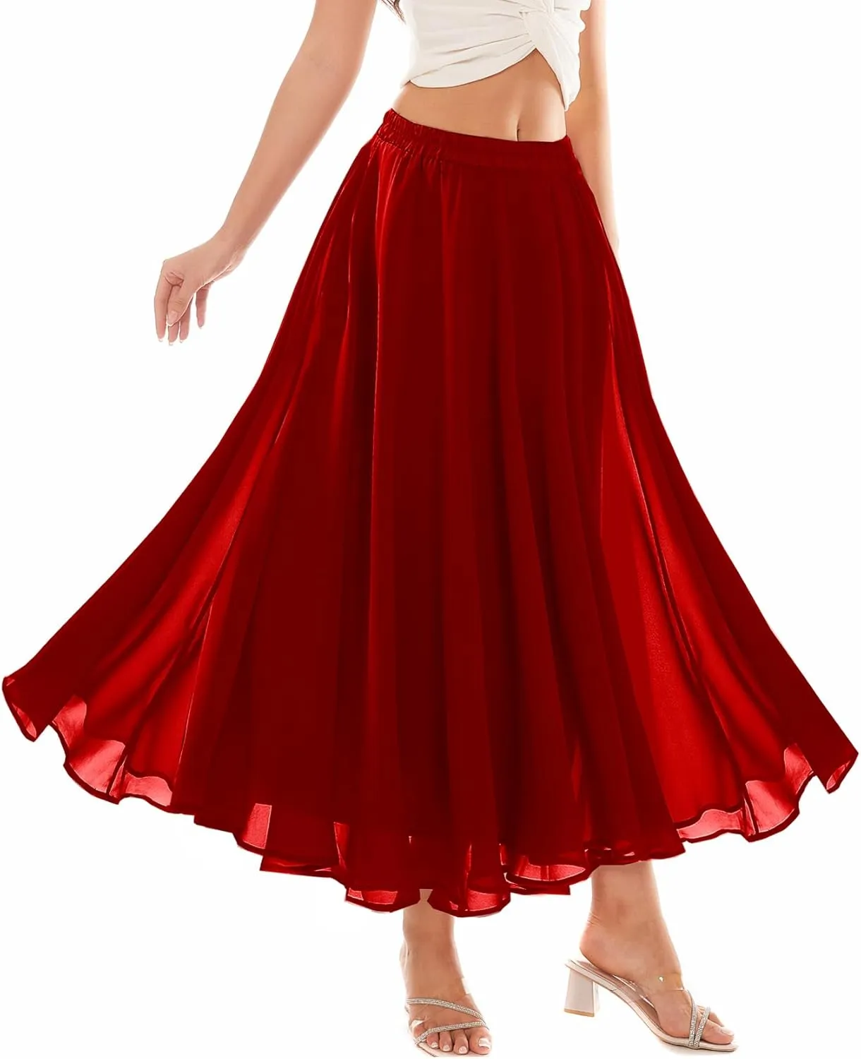 Women Full Ankle Length Elastic Pleated Retro Maxi Chiffon Long Skirt