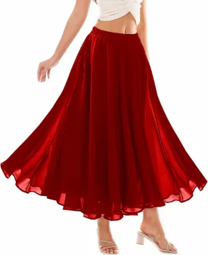 Women Full Ankle Length Elastic Pleated Retro Maxi Chiffon Long Skirt