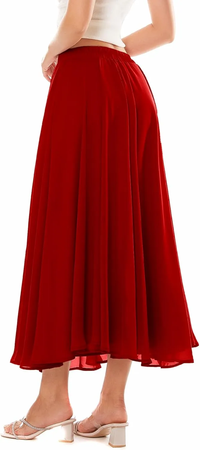 Women Full Ankle Length Elastic Pleated Retro Maxi Chiffon Long Skirt