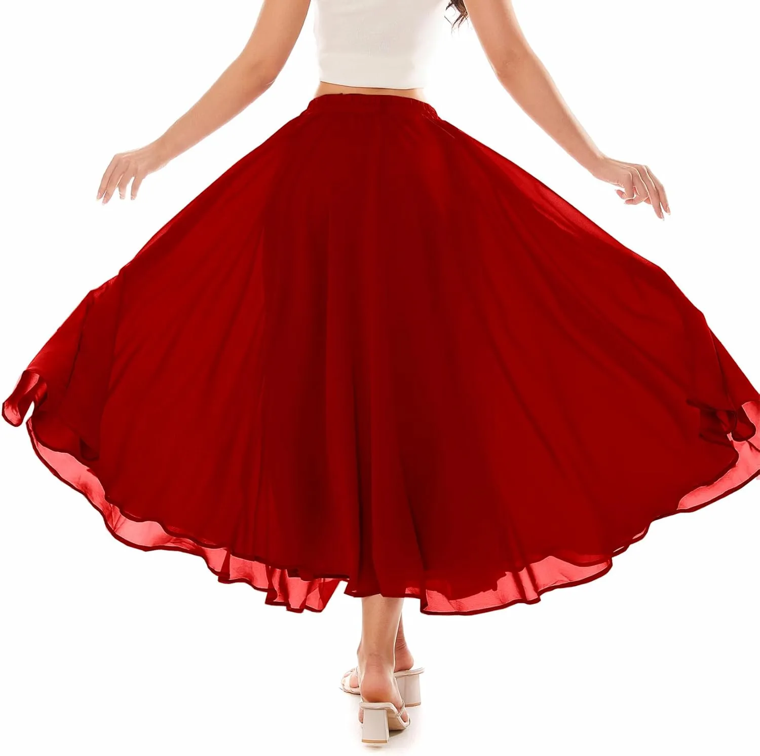 Women Full Ankle Length Elastic Pleated Retro Maxi Chiffon Long Skirt