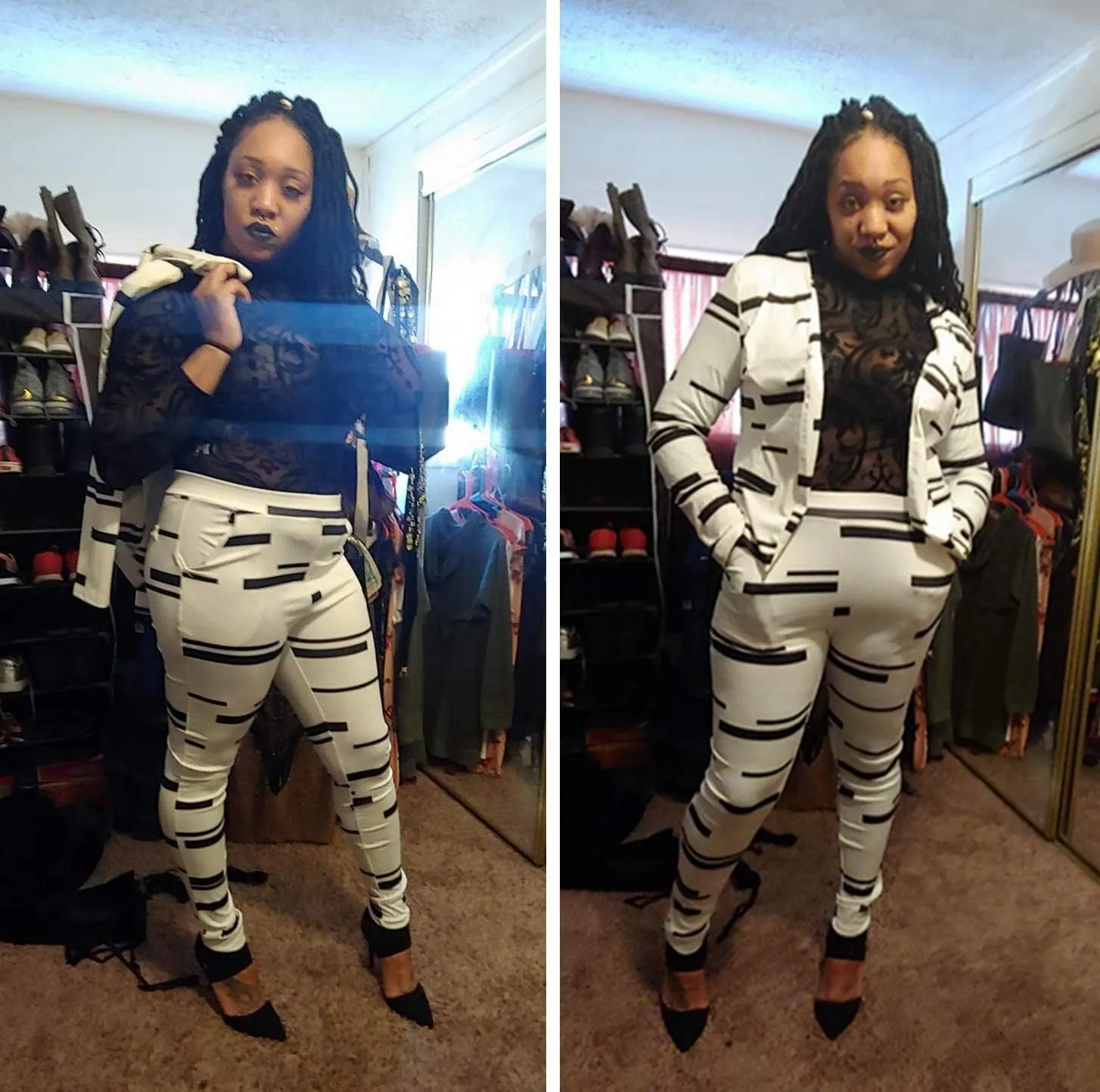 Women Lapel Collar Long Sleeve Stripe Top Jacket Pants 2 Piece Suit Set Outfits