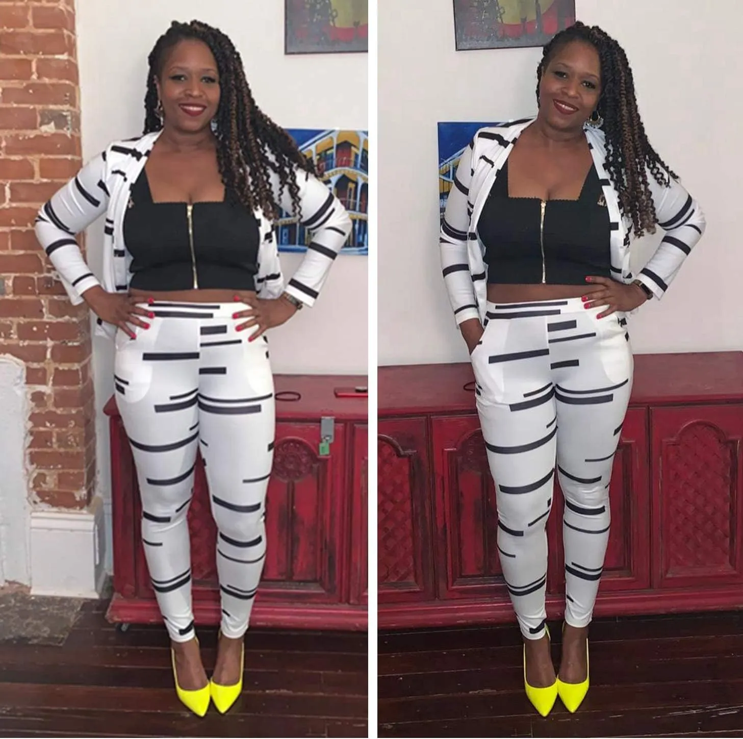 Women Lapel Collar Long Sleeve Stripe Top Jacket Pants 2 Piece Suit Set Outfits