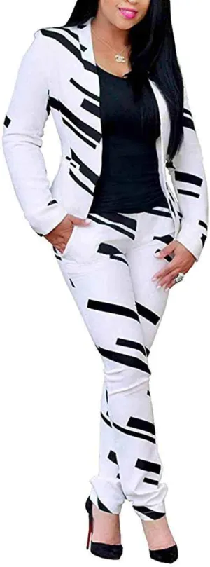Women Lapel Collar Long Sleeve Stripe Top Jacket Pants 2 Piece Suit Set Outfits