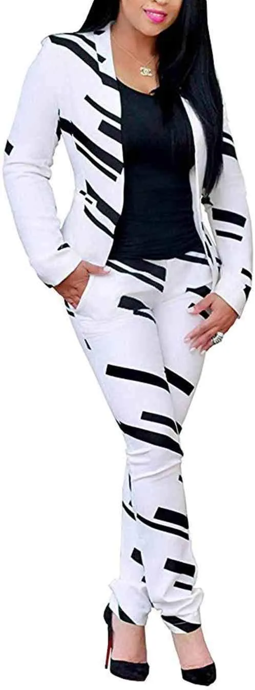 Women Lapel Collar Long Sleeve Stripe Top Jacket Pants 2 Piece Suit Set Outfits