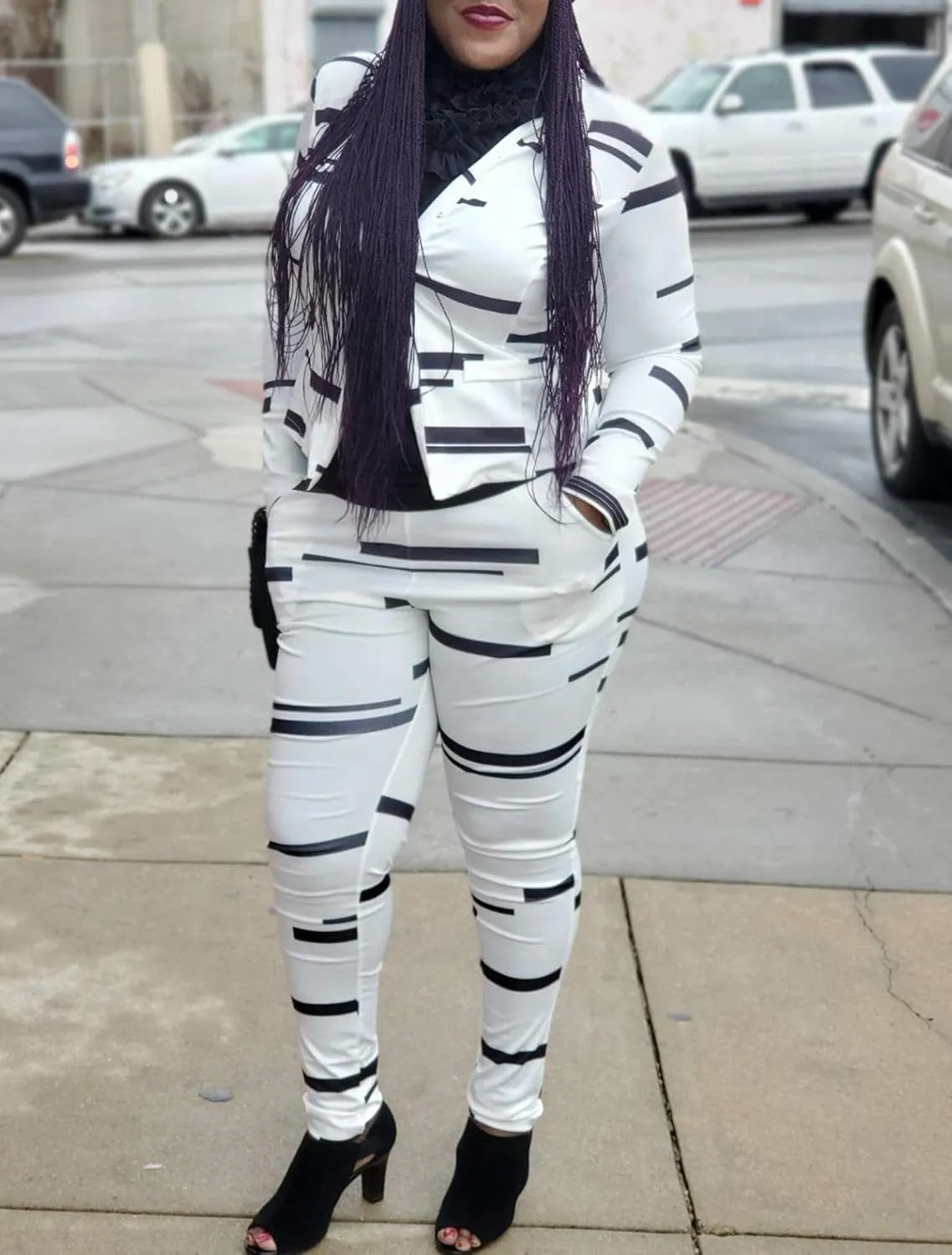 Women Lapel Collar Long Sleeve Stripe Top Jacket Pants 2 Piece Suit Set Outfits