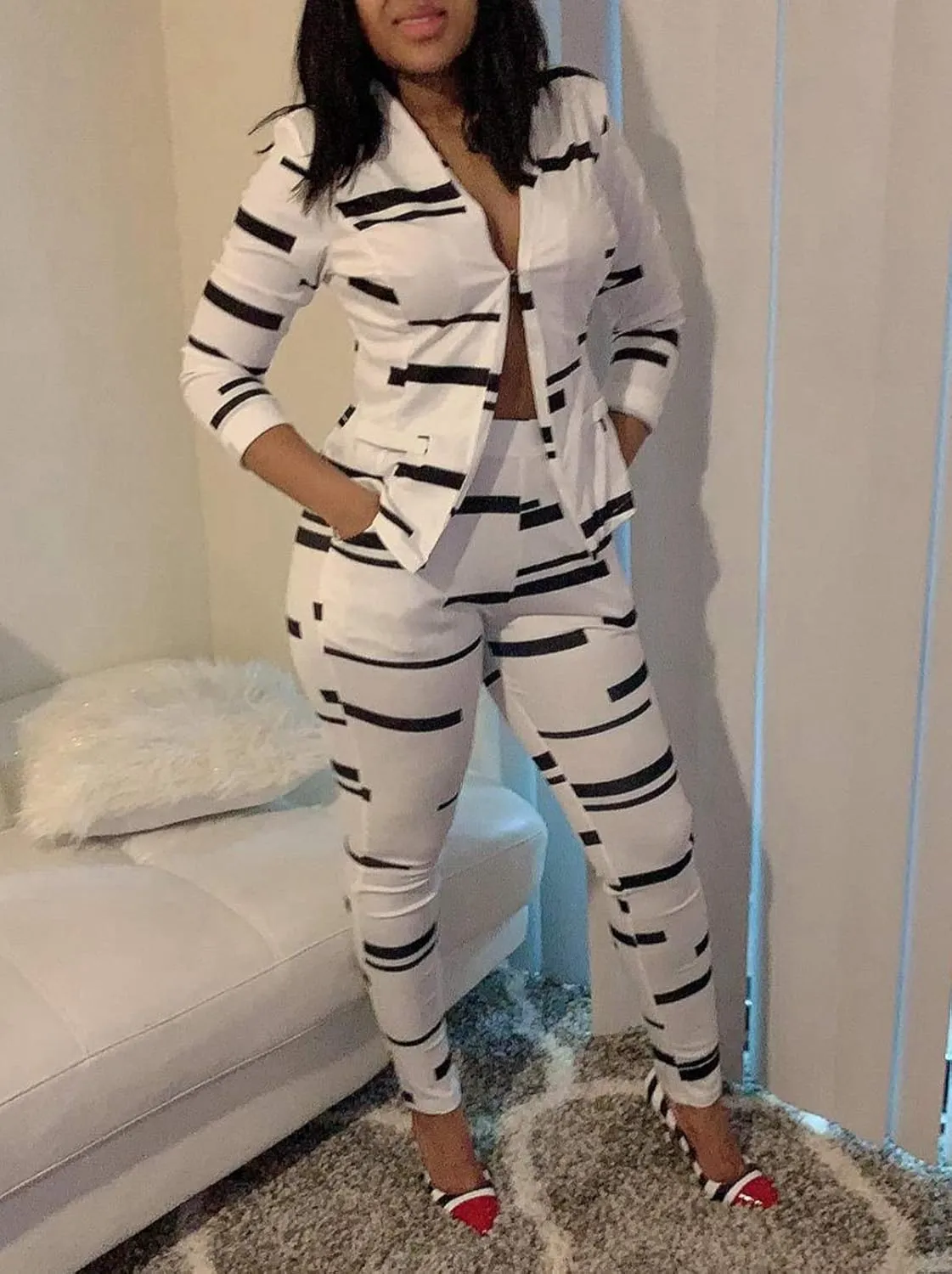 Women Lapel Collar Long Sleeve Stripe Top Jacket Pants 2 Piece Suit Set Outfits