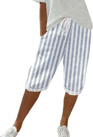 Women Linen Pants Capri Pants Cotton Wide Leg Elastic Waist Straight Leg Trousers Casual Summer Lounge Trousers