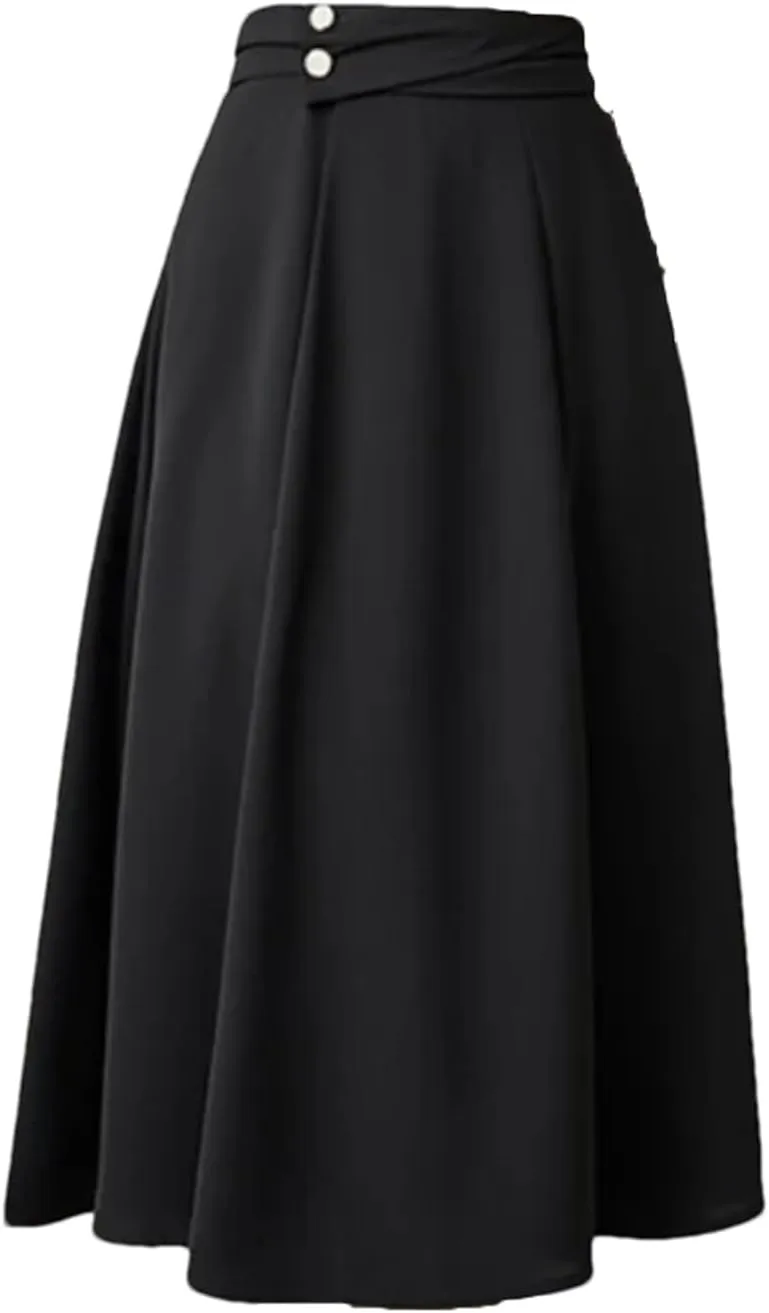 Women Vintage High Waist Mid Skirt Elegant Solid Buttons A-Line Swing Pleated Skirts