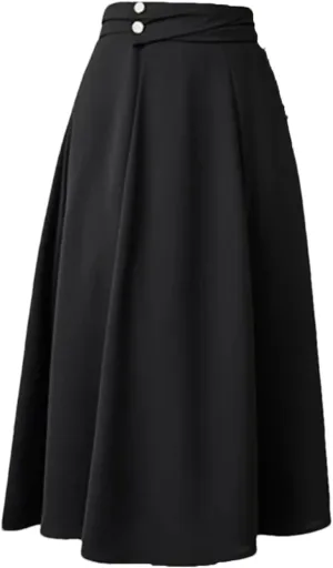 Women Vintage High Waist Mid Skirt Elegant Solid Buttons A-Line Swing Pleated Skirts