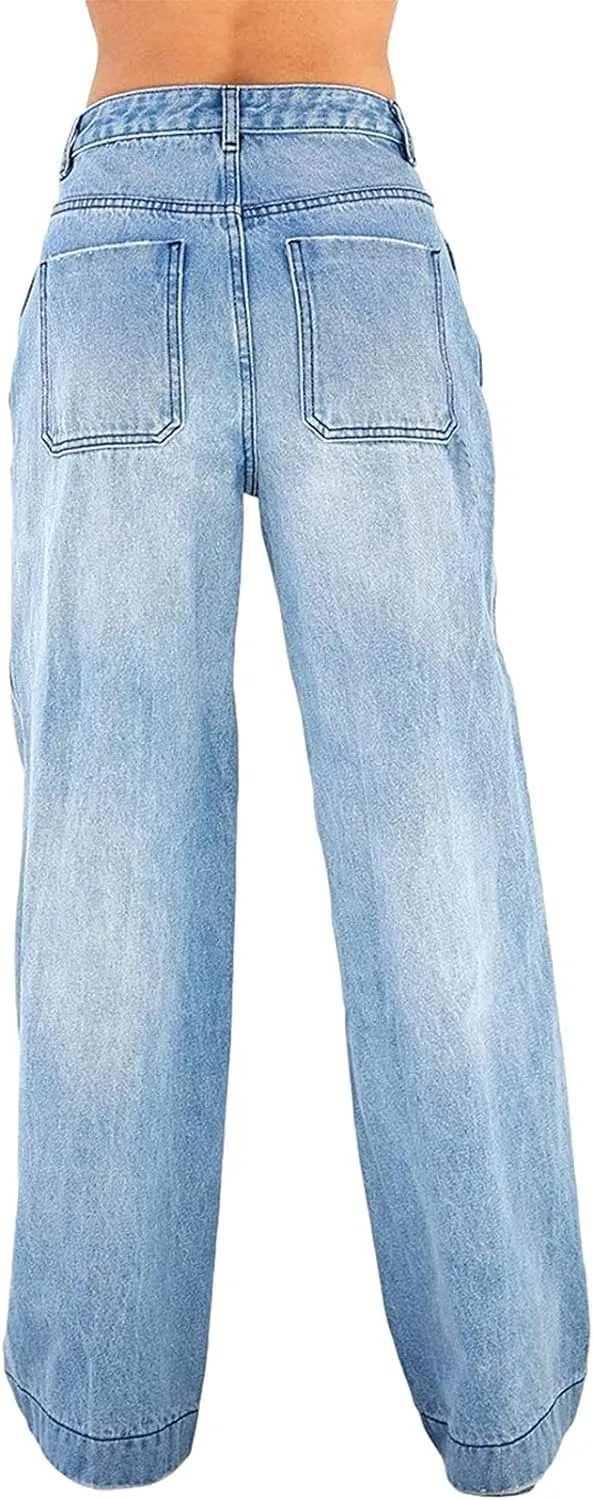 Women Wide Leg Jeans Baggy Denim Pants High Waist Loose Straight Trousers and Girl Streetwear