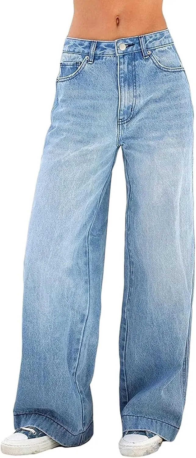 Women Wide Leg Jeans Baggy Denim Pants High Waist Loose Straight Trousers and Girl Streetwear