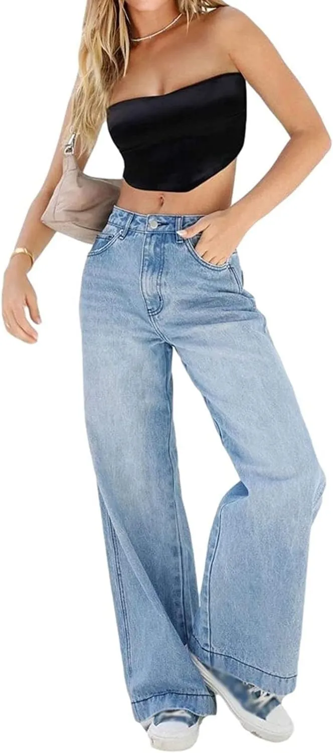 Women Wide Leg Jeans Baggy Denim Pants High Waist Loose Straight Trousers and Girl Streetwear