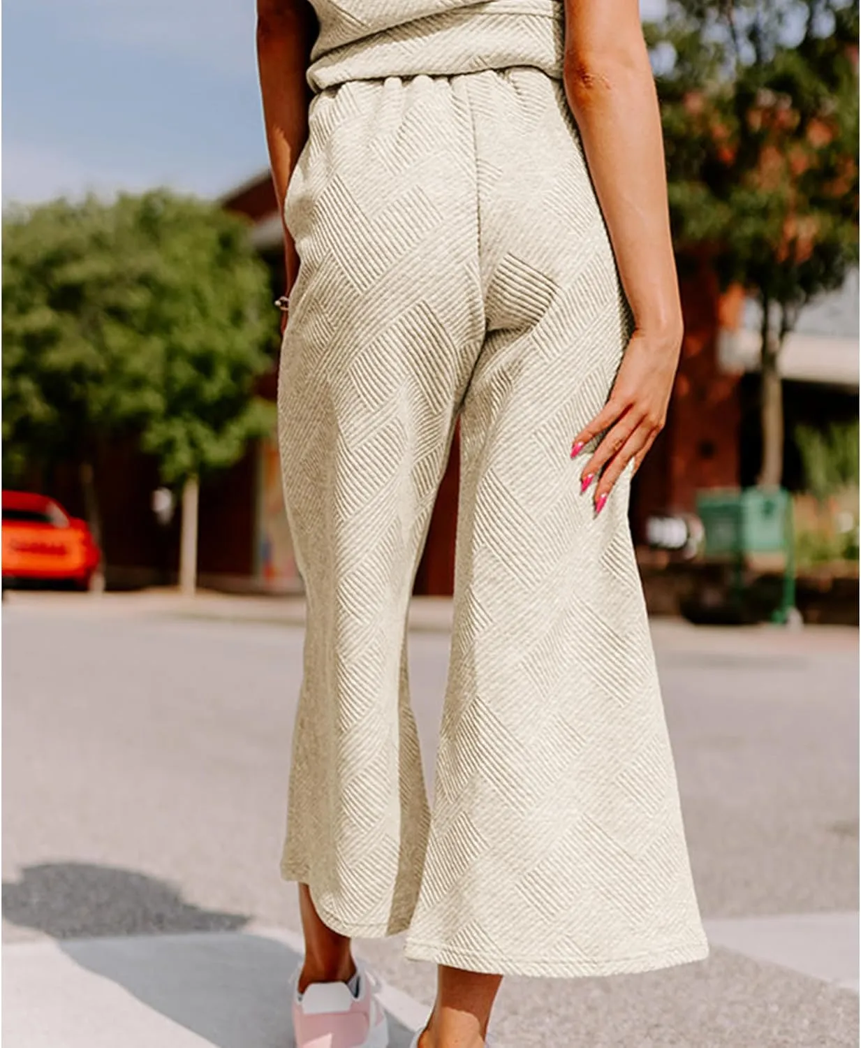 Women's 2 Piece Outfits Textured Sweatsuit 3/4 Batwing Sleeve Crew Neck Pullover Top Wide Leg Pant Tracksuit Set