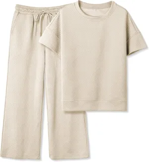 Women's 2 Piece Outfits Textured Sweatsuit 3/4 Batwing Sleeve Crew Neck Pullover Top Wide Leg Pant Tracksuit Set