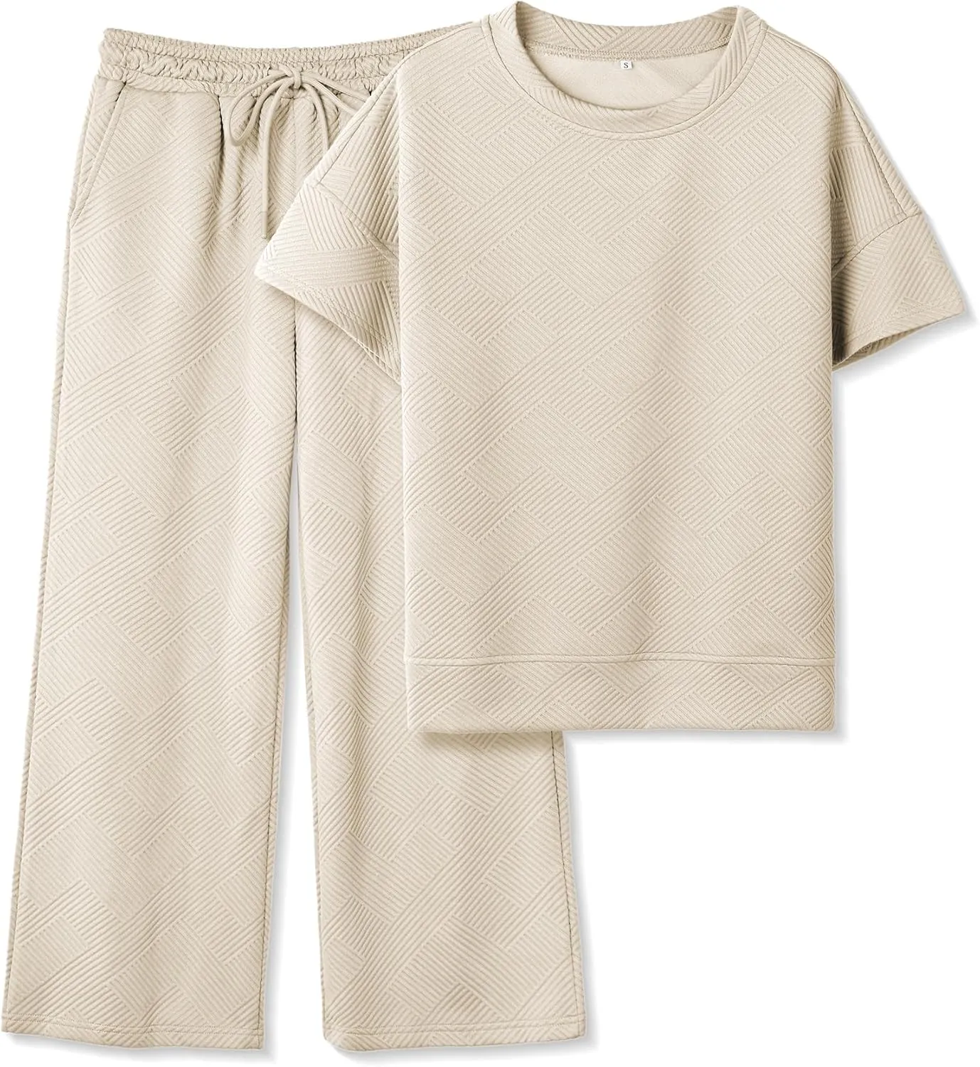 Women's 2 Piece Outfits Textured Sweatsuit 3/4 Batwing Sleeve Crew Neck Pullover Top Wide Leg Pant Tracksuit Set