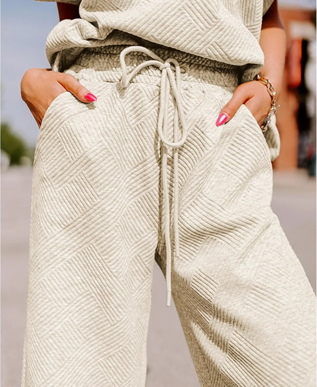 Women's 2 Piece Outfits Textured Sweatsuit 3/4 Batwing Sleeve Crew Neck Pullover Top Wide Leg Pant Tracksuit Set
