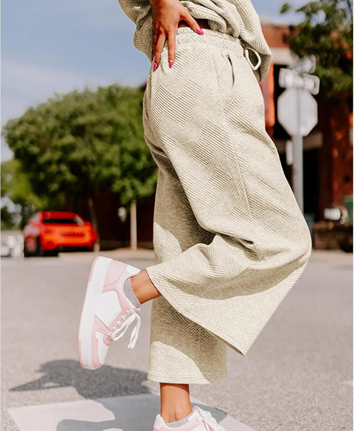 Women's 2 Piece Outfits Textured Sweatsuit 3/4 Batwing Sleeve Crew Neck Pullover Top Wide Leg Pant Tracksuit Set