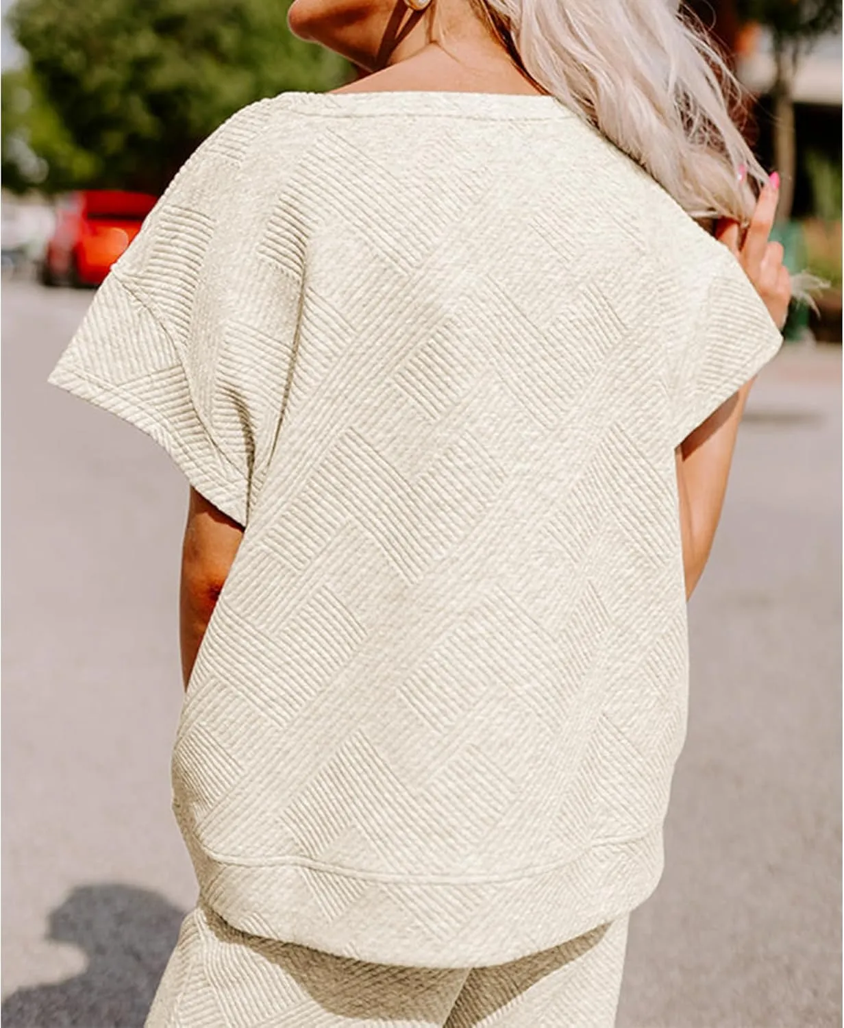 Women's 2 Piece Outfits Textured Sweatsuit 3/4 Batwing Sleeve Crew Neck Pullover Top Wide Leg Pant Tracksuit Set