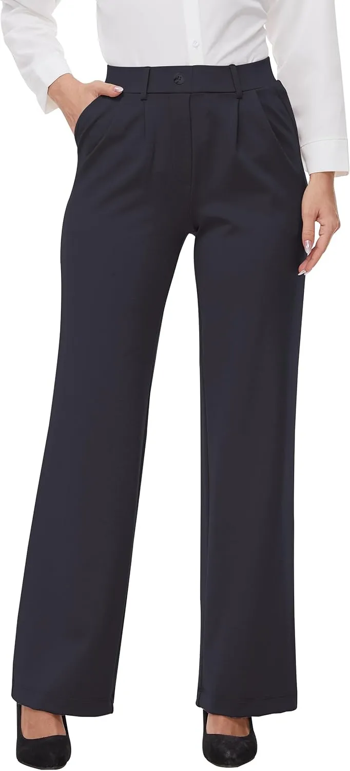 Womens 22"/27"/29"/31" Wide Leg Pleated Yoga Dress Pants, High Waist Stretchy Slacks for Workout Business Casual