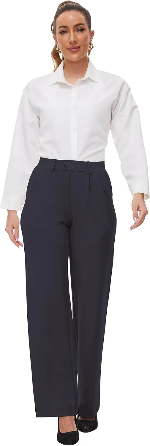 Womens 22"/27"/29"/31" Wide Leg Pleated Yoga Dress Pants, High Waist Stretchy Slacks for Workout Business Casual