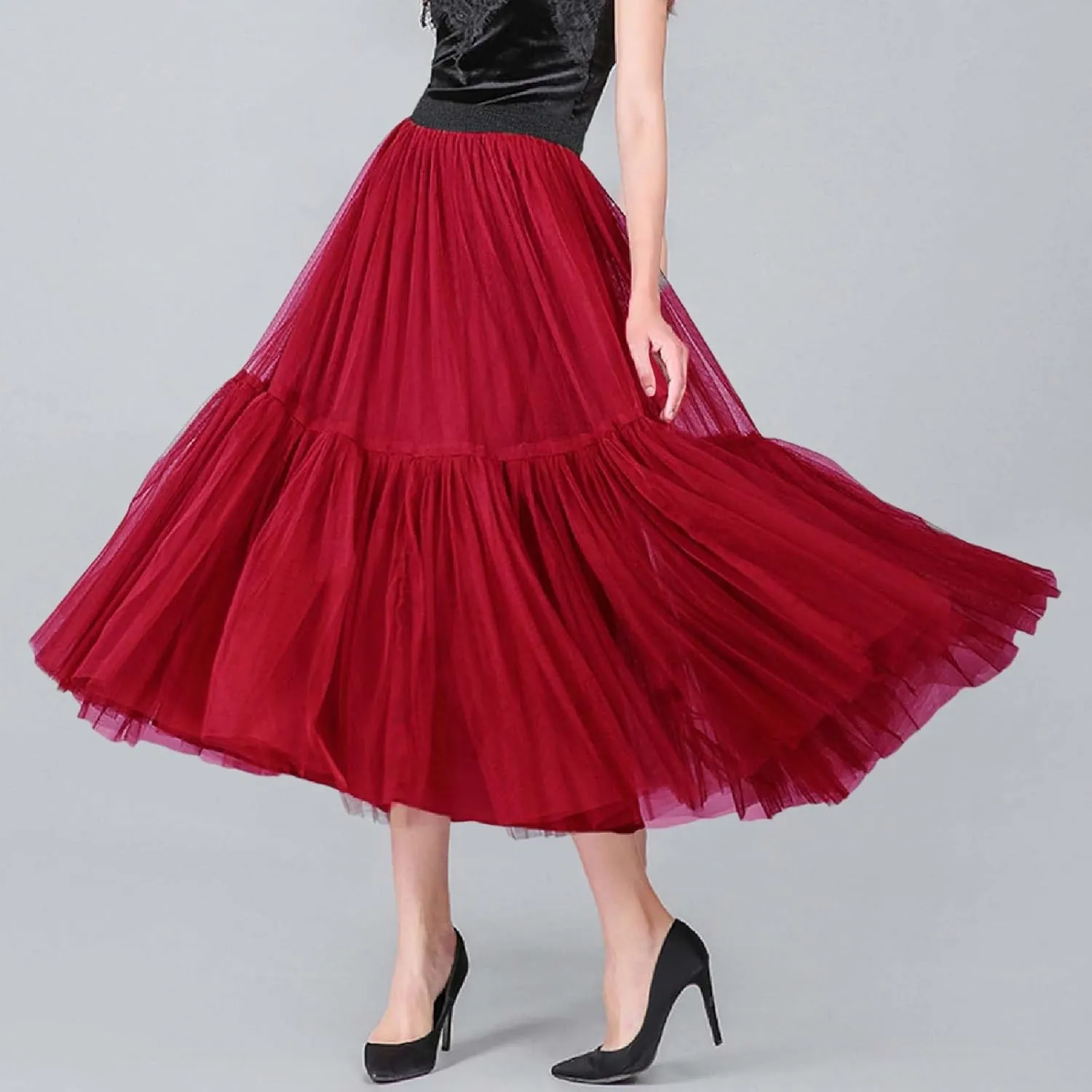 Women's A Line Tulle Party Dinner Tutu Skirt Brown Stretchy High Waisted Flared Skirt Plus Size Womens Skirts