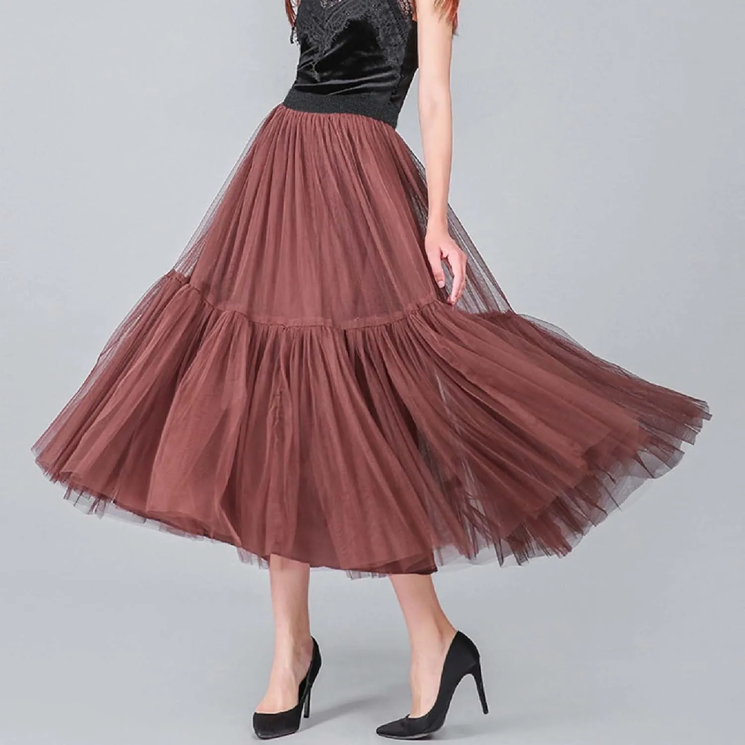 Women's A Line Tulle Party Dinner Tutu Skirt Brown Stretchy High Waisted Flared Skirt Plus Size Womens Skirts