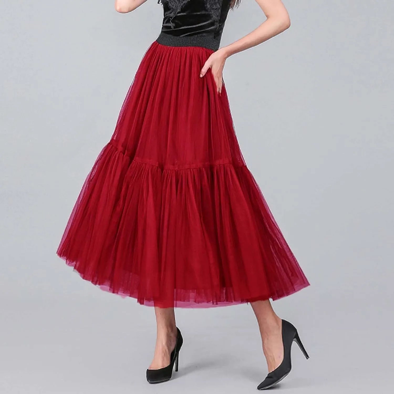 Women's A Line Tulle Party Dinner Tutu Skirt Brown Stretchy High Waisted Flared Skirt Plus Size Womens Skirts
