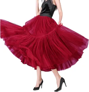 Women's A Line Tulle Party Dinner Tutu Skirt Brown Stretchy High Waisted Flared Skirt Plus Size Womens Skirts