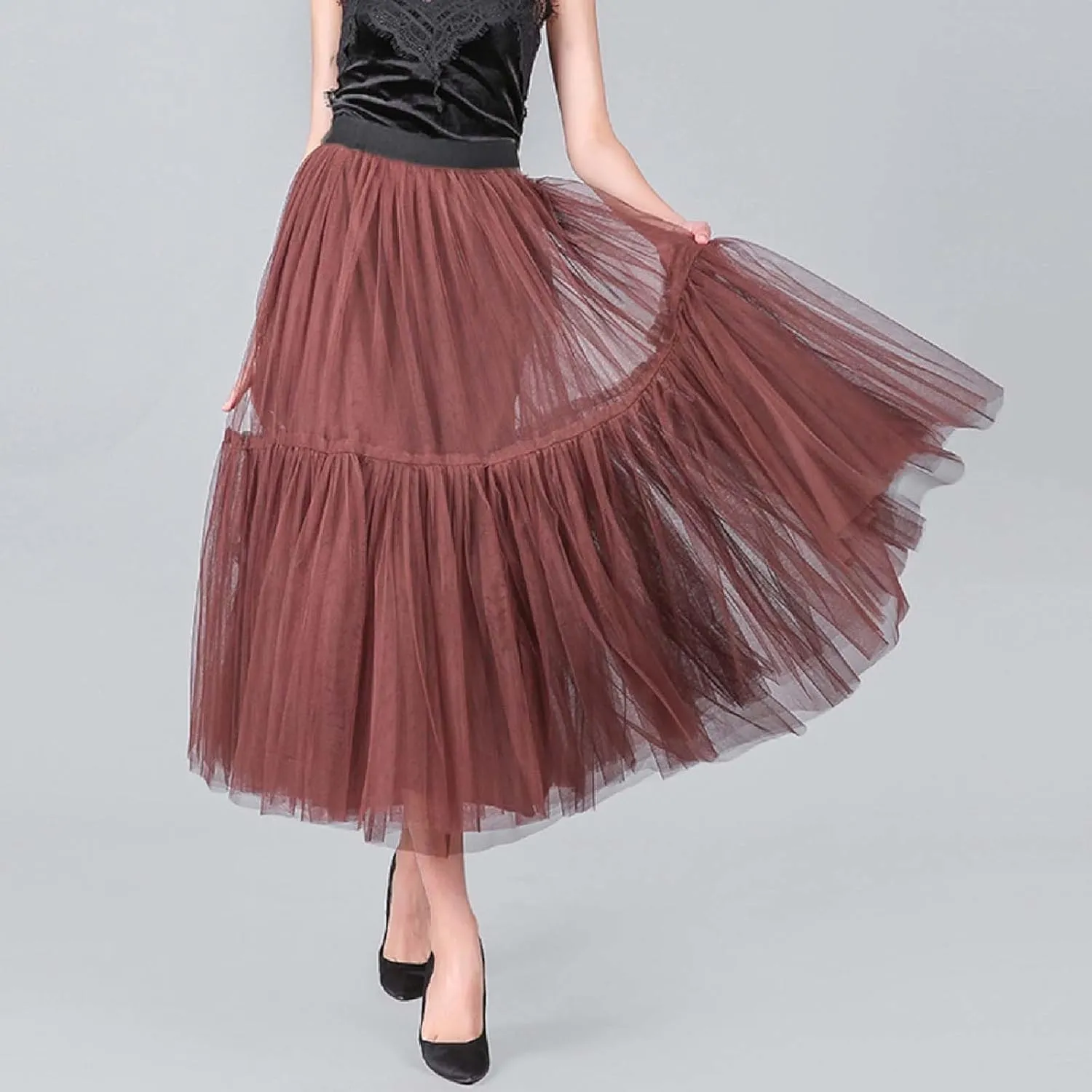 Women's A Line Tulle Party Dinner Tutu Skirt Brown Stretchy High Waisted Flared Skirt Plus Size Womens Skirts