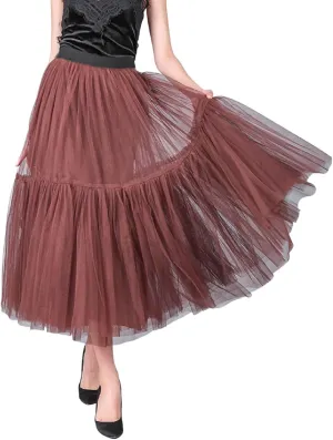 Women's A Line Tulle Party Dinner Tutu Skirt Brown Stretchy High Waisted Flared Skirt Plus Size Womens Skirts